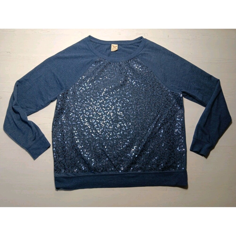 Faded Glory Womens Size XL (16-18) Sweatshirt Blue Sequined Front